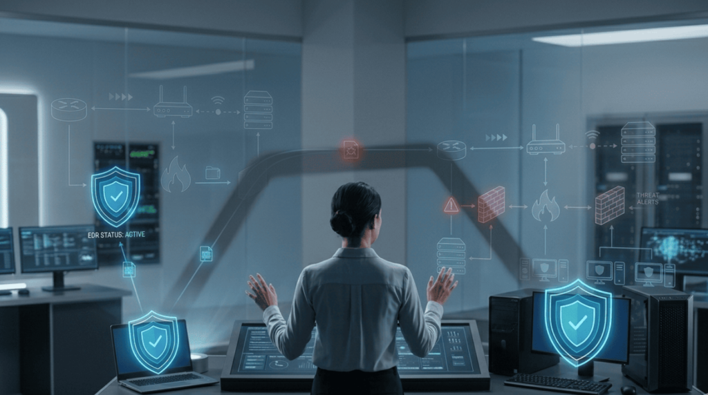 Security analyst managing the benefits integrating EDR network security through an active threat response console