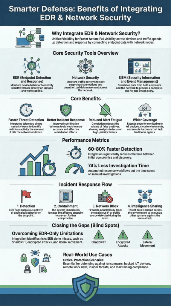 Infographic showing the benefits integrating EDR network security for faster threat detection and response