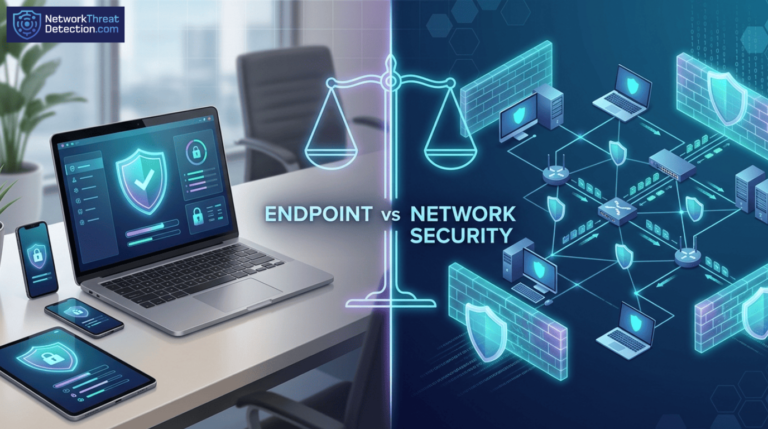 Visual scale weighing endpoint security vs network security, showing devices on the left and network infrastructure on the right