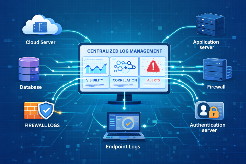 Essential Log Sources for NTD shown in centralized log management system collecting logs from cloud, firewall, database, and endpoints.