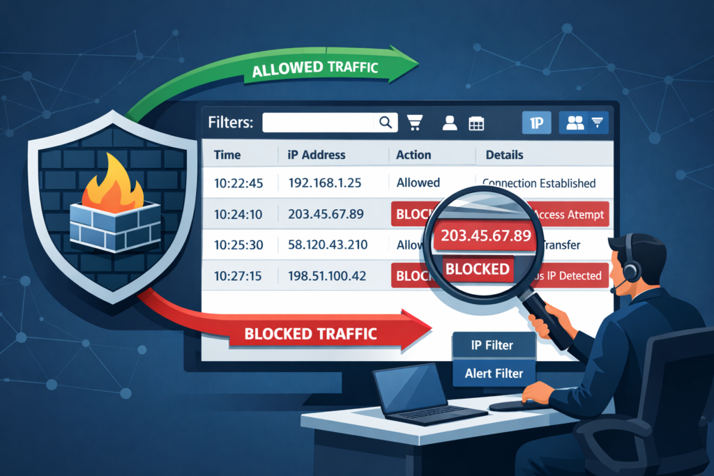 Essential Log Sources for NTD shown in firewall log analysis dashboard with blocked IP alerts and cybersecurity analyst investigation.