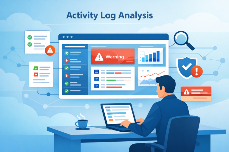 Azure Monitor Activity Log Analysis dashboard with analyst reviewing logs and alerts