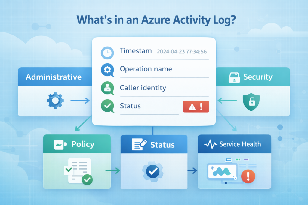 Azure Monitor Activity Log Analysis showing key fields like timestamp, caller identity, and status