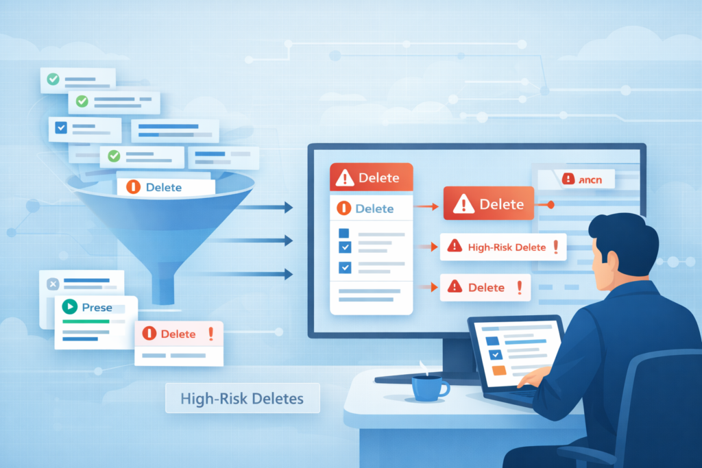 Azure Monitor Activity Log Analysis filtering high-risk delete events through a funnel into alerts