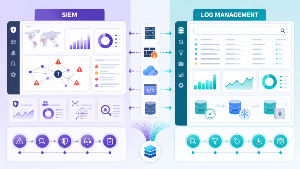 Centralized Log Management Strategies comparing SIEM and log management data workflows