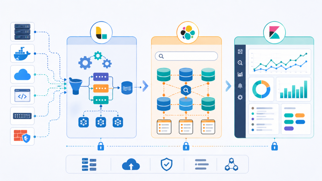 Centralized Log Management Strategies dashboard linking servers, cloud apps, and secure storage