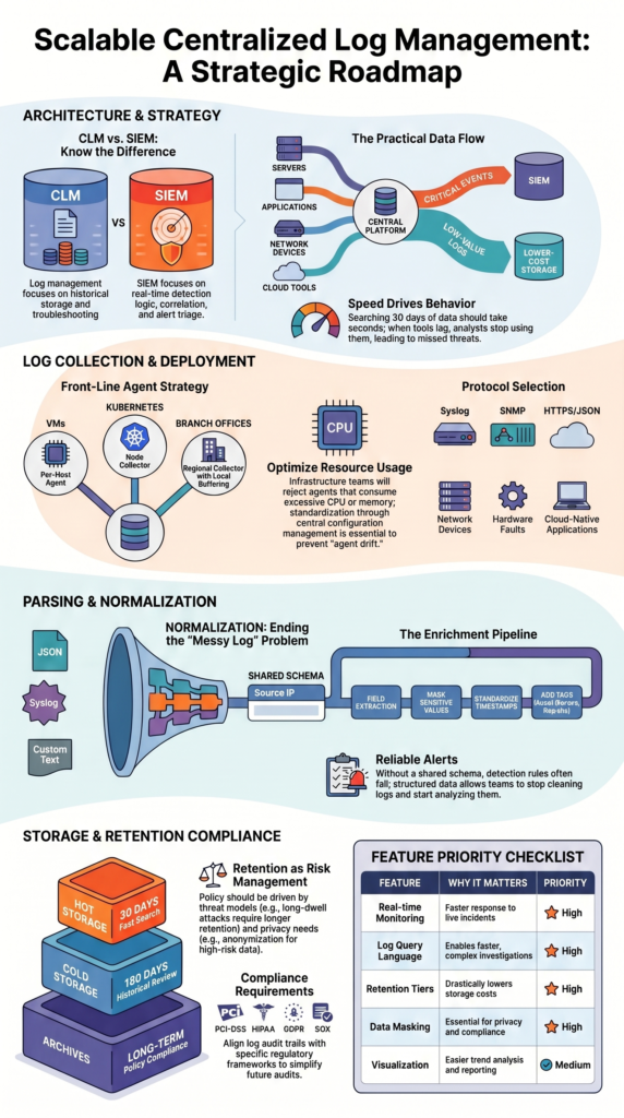 Centralized Log Management Strategies infographic with architecture, retention, and scaling workflow