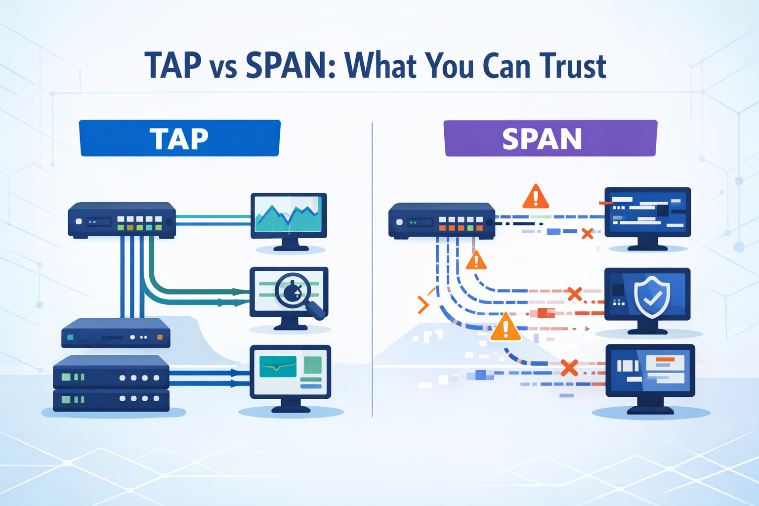 Choosing Between TAPs SPAN Ports split diagram showing full data flow vs packet loss and congestion