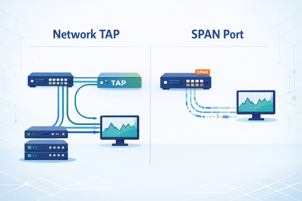 Choosing Between TAPs SPAN Ports comparison showing TAP inline flow and SPAN mirrored traffic gaps