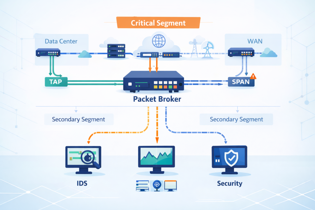 Choosing Between TAPs SPAN Ports diagram showing packet broker linking data center, WAN, and monitoring tools