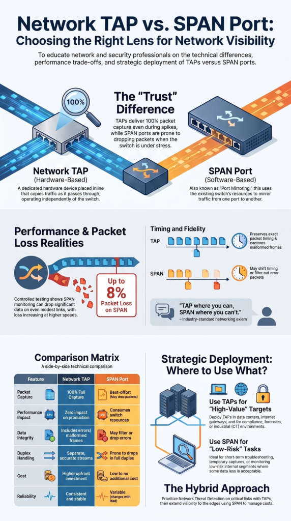 Choosing Between TAPs SPAN Ports infographic comparing packet capture, performance, and deployment use cases