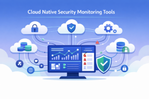 Illustration of cloud native security monitoring tools showing real-time alerts, APIs, and container activity