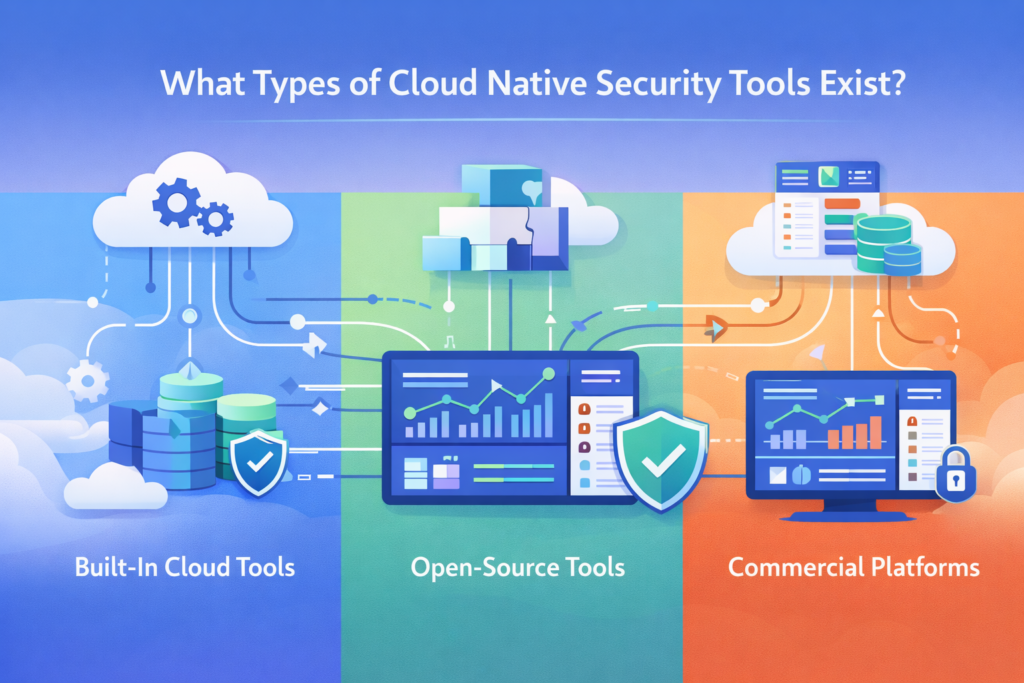 Cloud native security monitoring tools comparison showing built-in, open-source, and commercial platforms