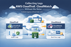 Collecting logs AWS CloudTrail CloudWatch workflow linking audit logs, storage, and real-time alerts