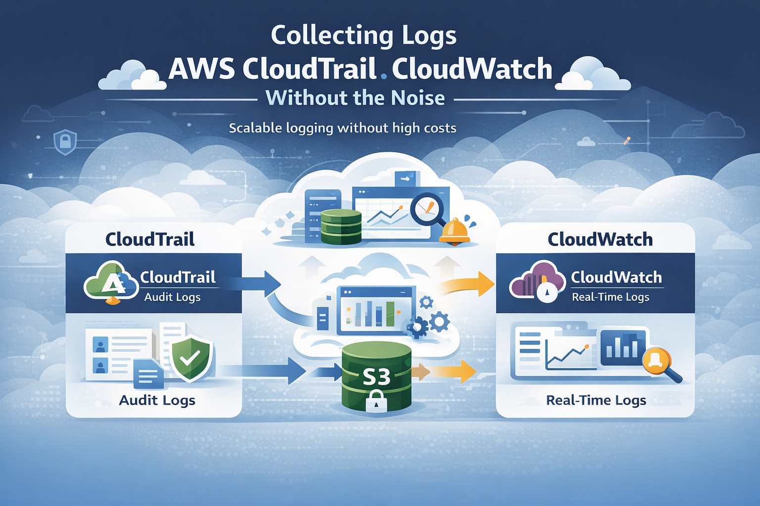 Collecting logs AWS CloudTrail CloudWatch workflow linking audit logs, storage, and real-time alerts