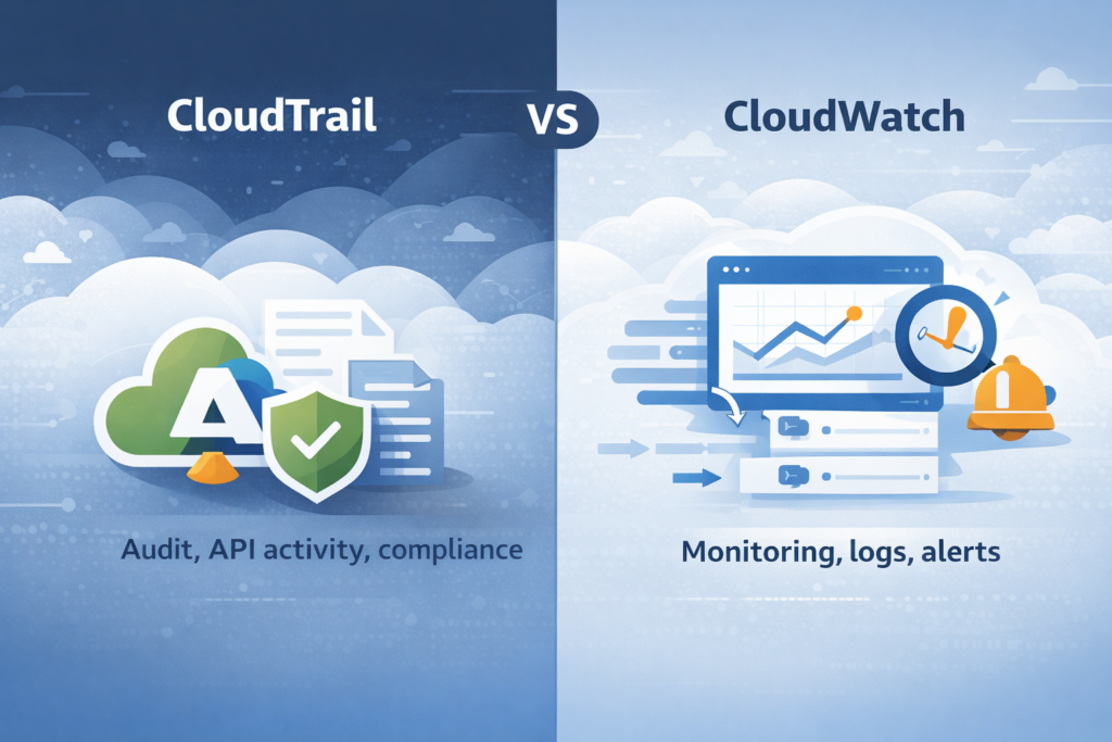 Collecting logs AWS CloudTrail CloudWatch comparison showing audit vs monitoring functions