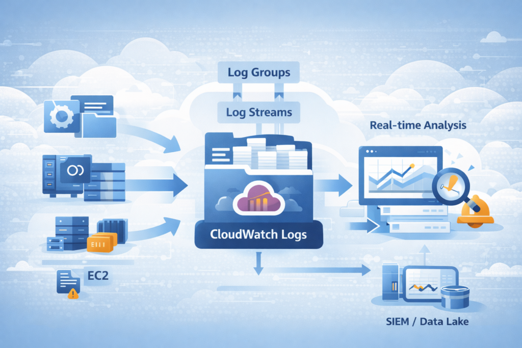 Collecting logs AWS CloudTrail CloudWatch diagram with log groups, streams, and SIEM data flow