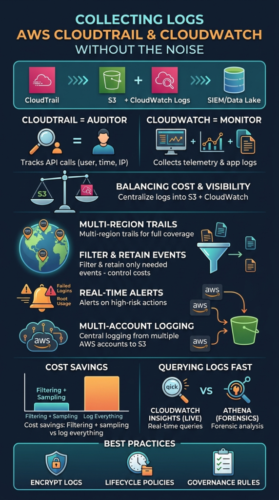 Collecting logs AWS CloudTrail CloudWatch infographic showing cost control, monitoring, and logging strategy