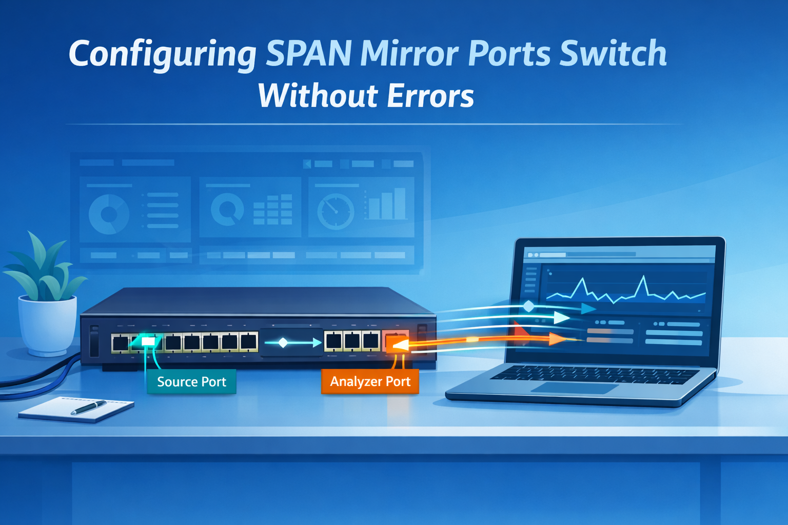 Configuring SPAN mirror ports switch with source port sending mirrored traffic to analyzer laptop