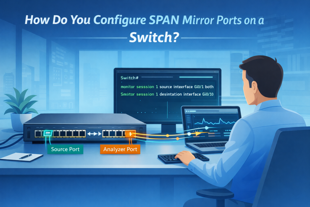 Configuring SPAN Mirror Ports Switch setup showing analyzer laptop and mirrored packet flow