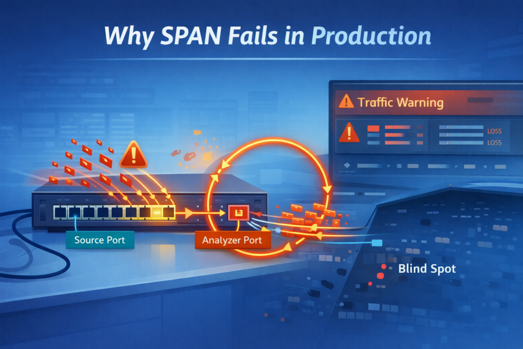 Configuring SPAN Mirror Ports Switch showing traffic overload, packet drops, and analyzer blind spots