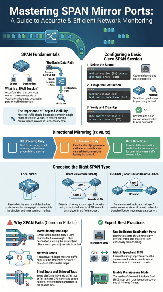 Configuring SPAN Mirror Ports Switch infographic with setup steps, SPAN types, and best practices