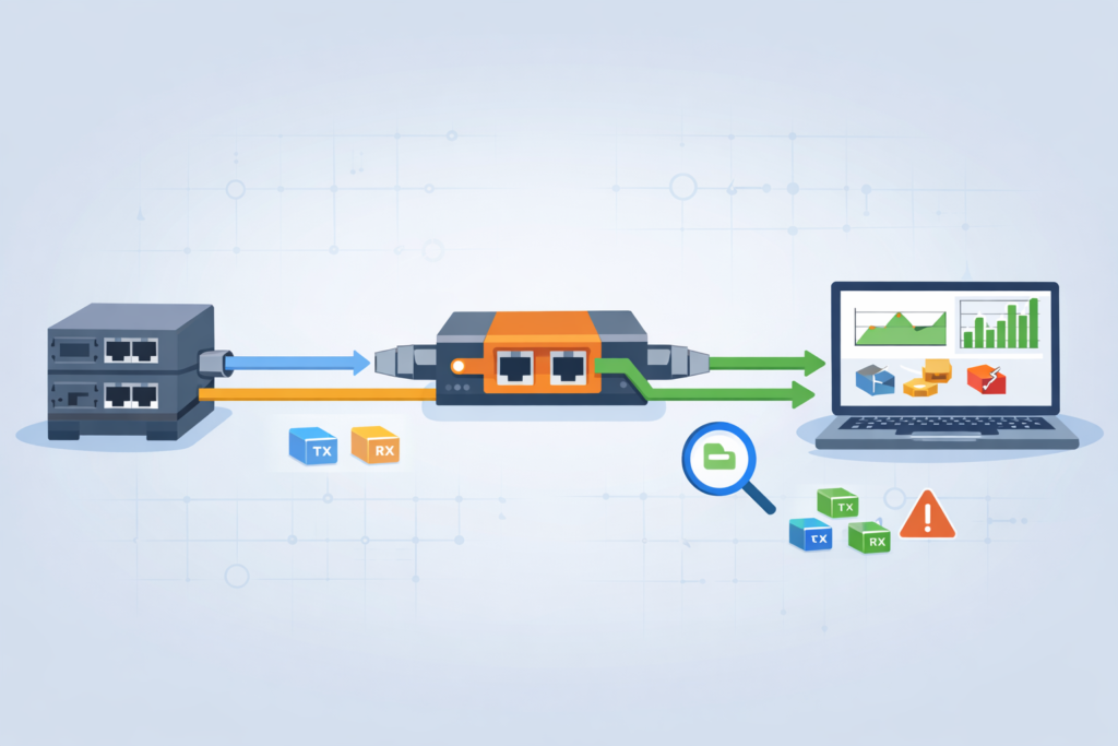 Copper network tap considerations install illustrating inline tap splitting data flow to analysis system
