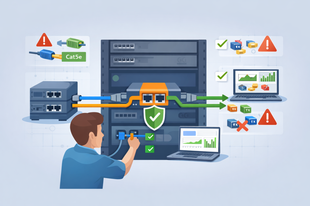 Copper network tap considerations install showing engineer installing inline tap with correct cabling and monitoring setup