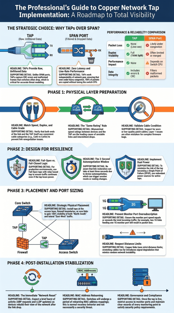 Copper network tap considerations install infographic showing tap vs span, placement, and network monitoring flow