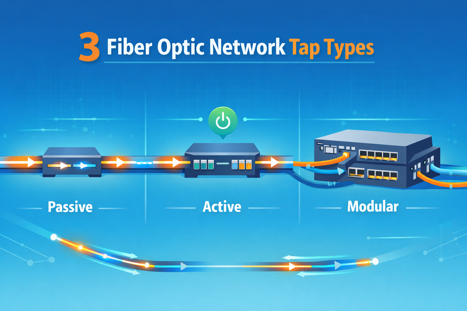 Fiber Optic Network Taps Types illustration comparing passive active and modular tap designs