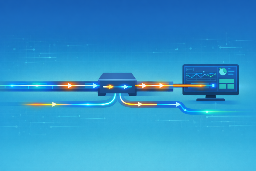 Fiber Optic Network Taps Types illustration of signal duplication to monitoring tools and network flow