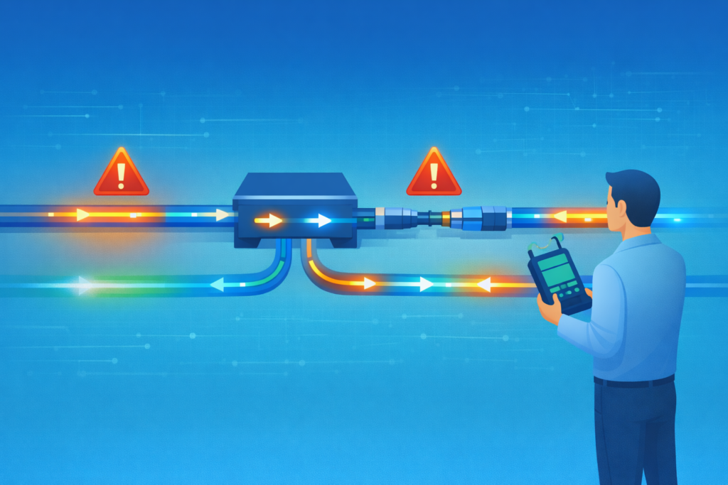 Fiber Optic Network Taps Types illustration with troubleshooting setup, warning icons, and cable diagnostics