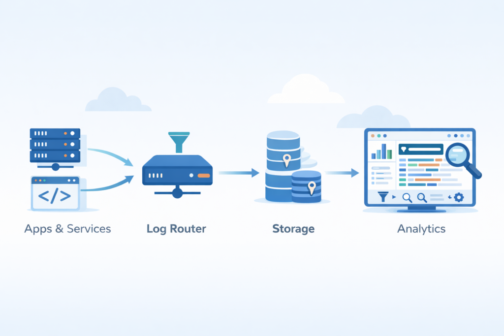 Google Cloud Platform GCP Logging pipeline from apps to log router, storage, and analytics dashboard