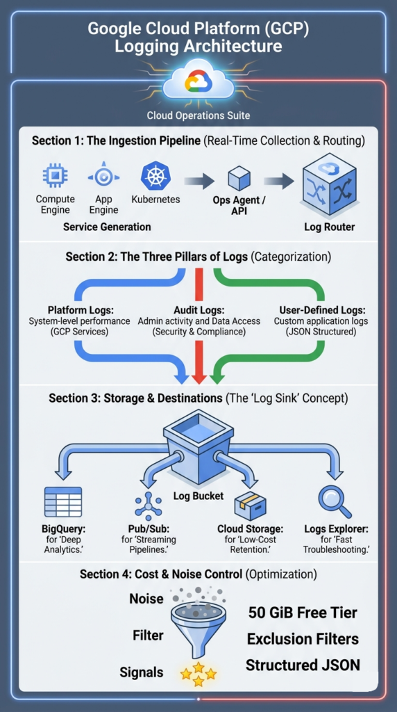Google Cloud Platform GCP Logging architecture showing ingestion, log types, storage, and cost control flow