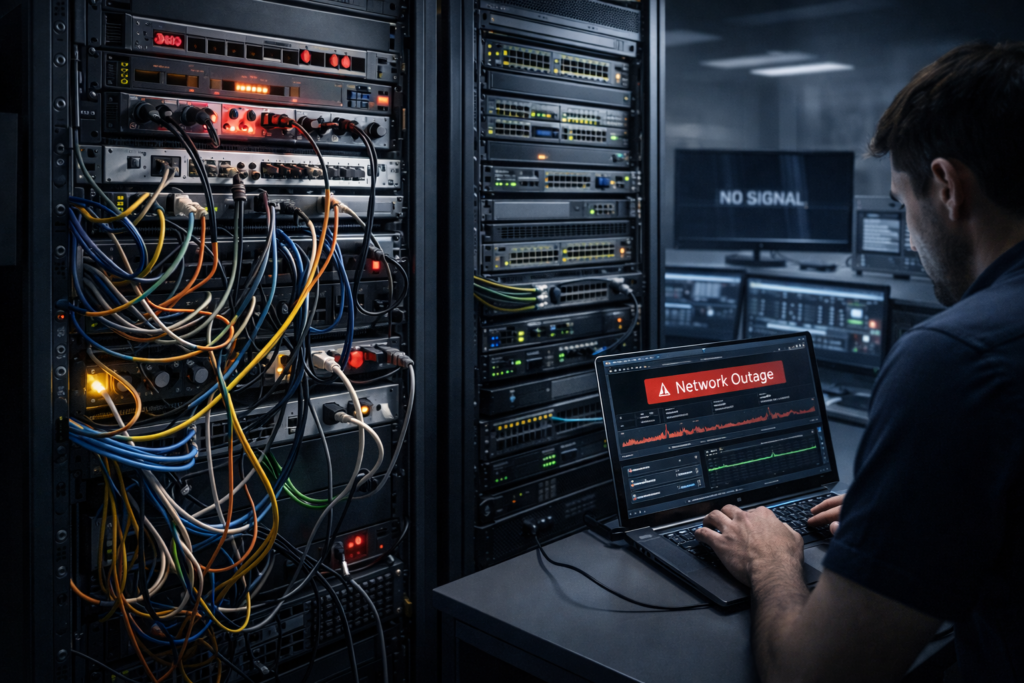 High Availability TAP Configurations with failed rack design, tangled cables, and engineer fixing outage