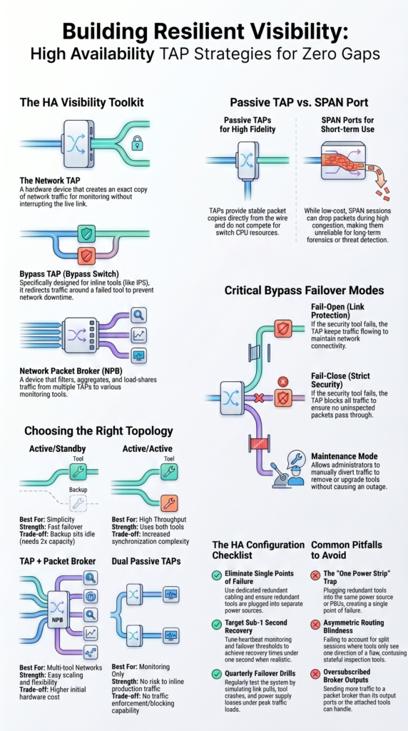 High Availability TAP Configurations infographic showing TAP topologies, failover modes, and common mistakes