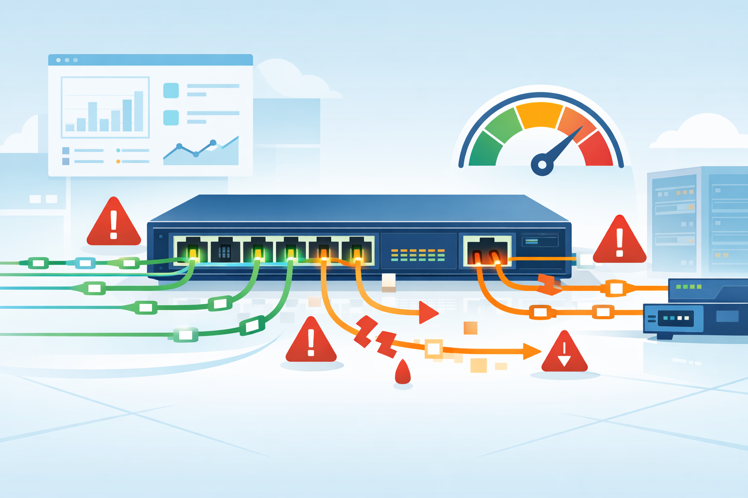 Impact on Switch Performance SPAN showing overloaded switch, packet drops, and rising traffic load