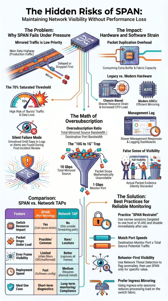 Impact on Switch Performance SPAN infographic showing packet loss, overload, and TAP comparison