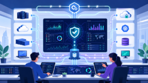 Log Collection Agent Deployment control room with centralized logs, dashboards, servers, and cloud telemetry