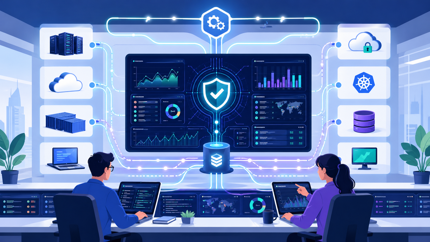 Log Collection Agent Deployment control room with centralized logs, dashboards, servers, and cloud telemetry