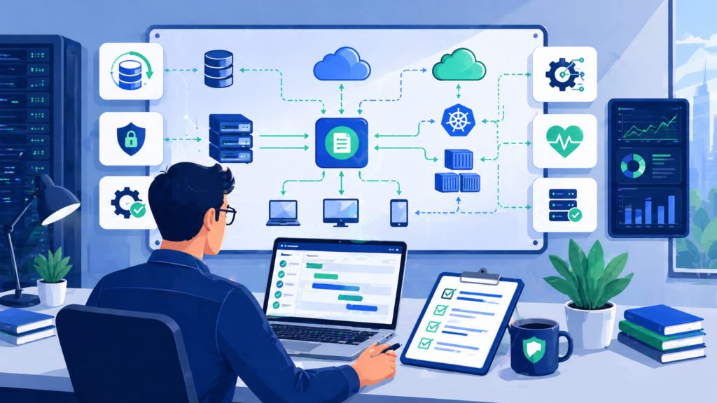 Log Collection Agent Deployment planning desk with rollout checklist, cloud map, health checks, and automation