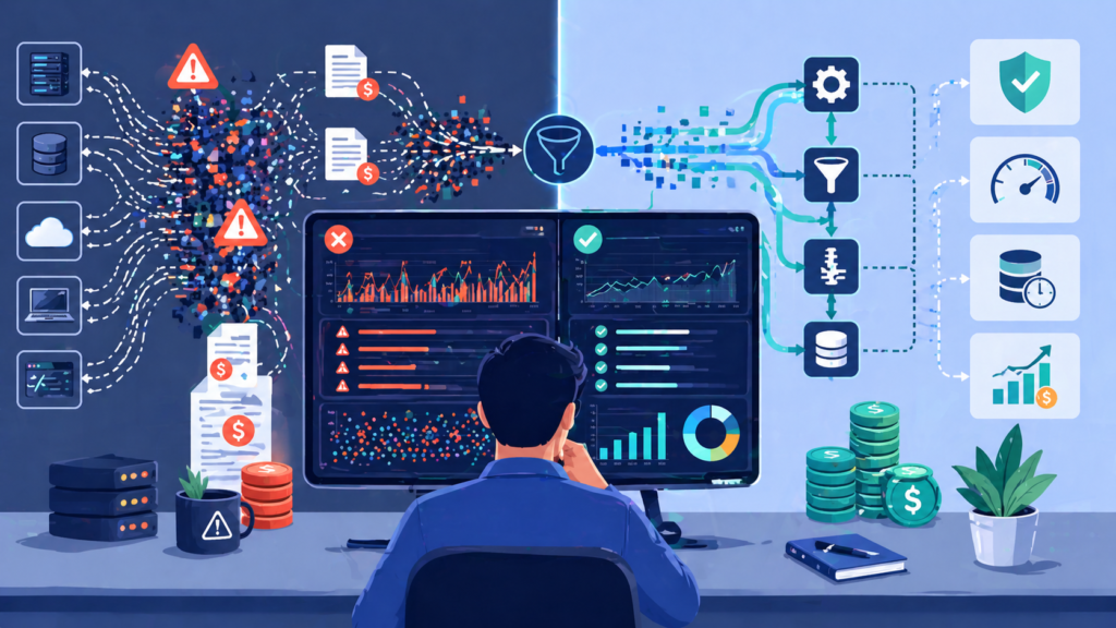 Log Collection Agent Deployment split dashboard showing noisy logs vs optimized routing and lower storage costs