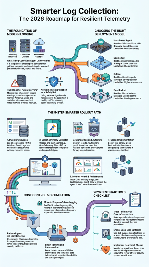 Log Collection Agent Deployment infographic showing rollout steps, deployment models, and cost control flow