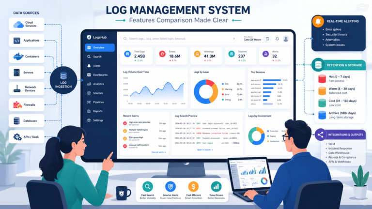 Log Management System Features Comparison with centralized dashboard and connected data sources