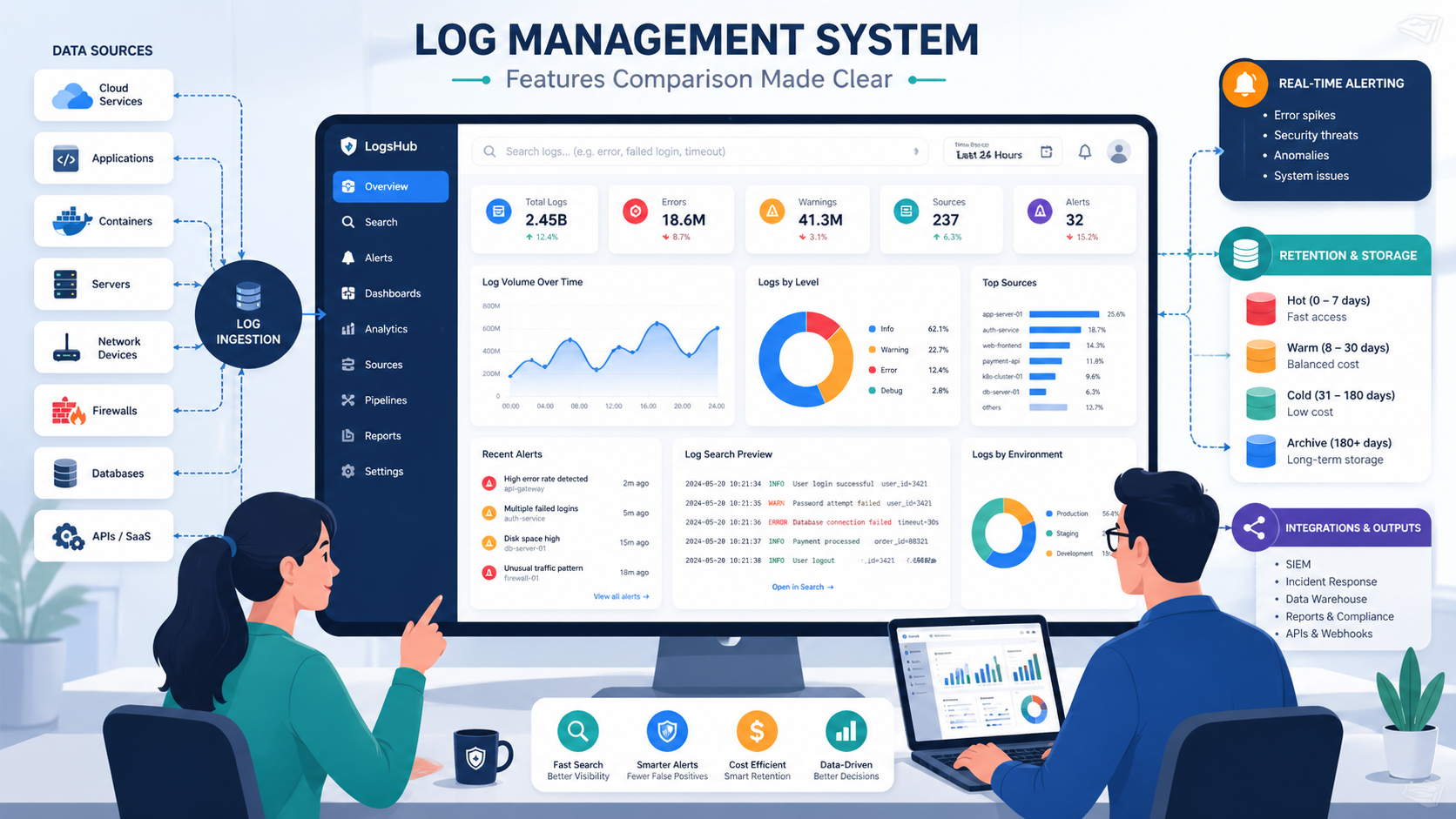 Log Management System Features Comparison with centralized dashboard and connected data sources