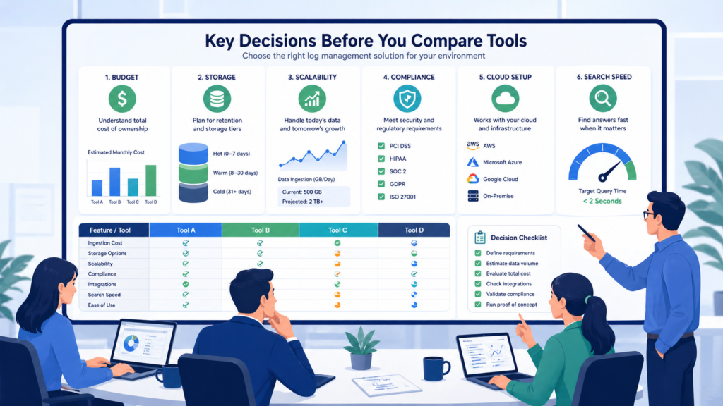 Log Management System Features Comparison with team reviewing software options on decision dashboard