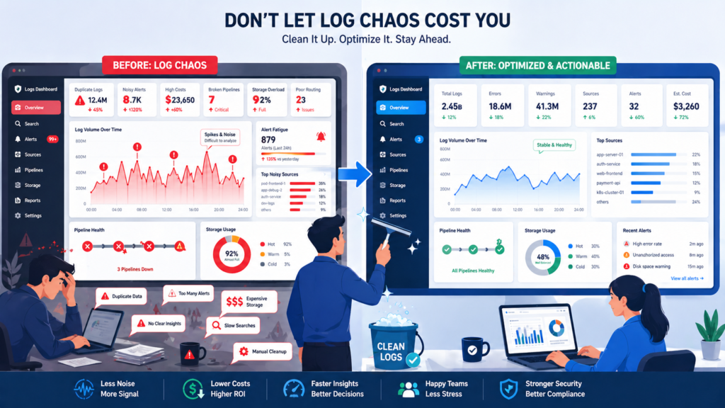Log Management System Features Comparison with before and after dashboards for alert cleanup and lower costs