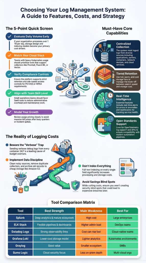 Log Management System Features Comparison infographic with tools costs features and storage planning