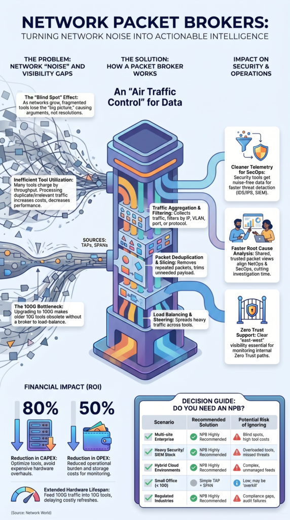 Network packet broker benefits infographic showing traffic filtering, visibility gains, and cost savings