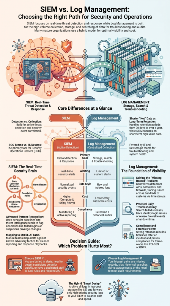 SIEM vs Log Management Tools infographic comparing detection, storage, search, and response paths